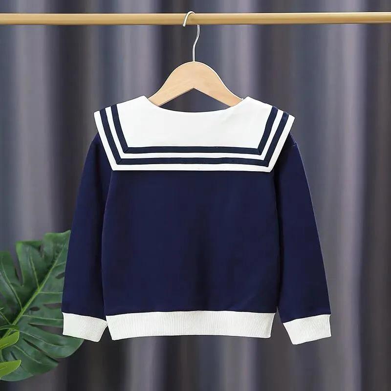 Свитшот для девочек Plus Velvet Navy Collar Sweatshirt - Осень/Зима, Стиль Вестерн, Длинный рукав, Стиль Колледж