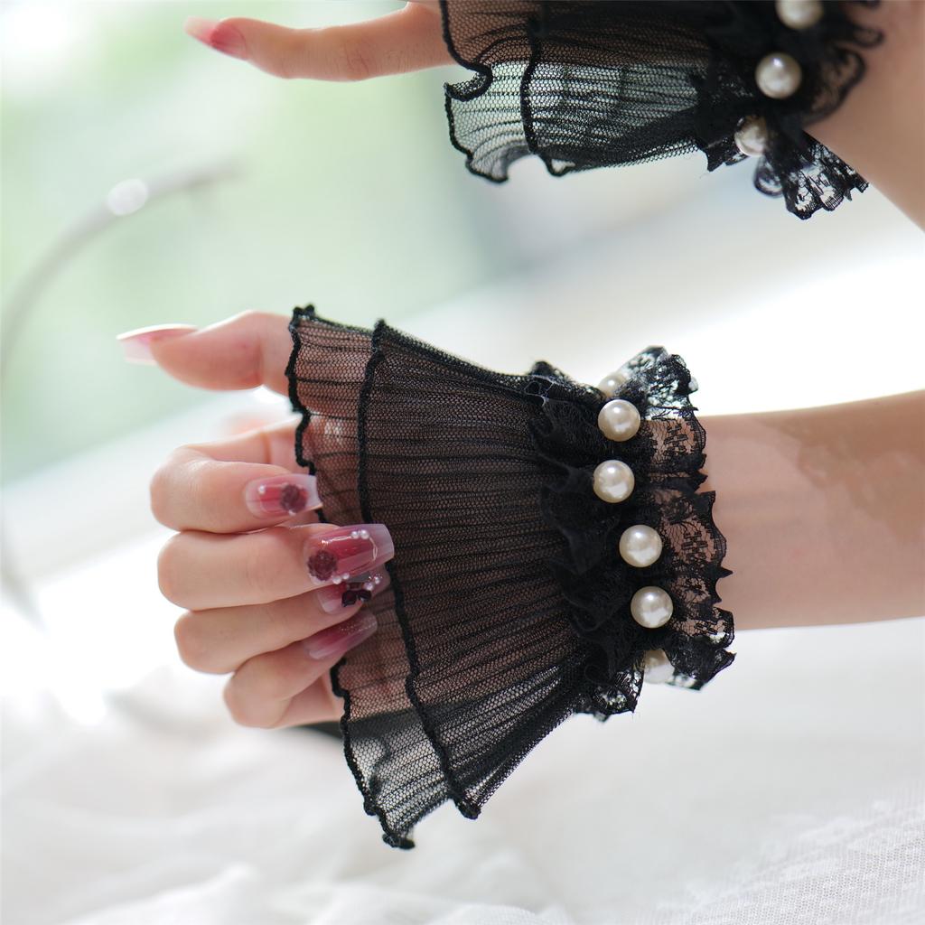 Elegant Pearl Decors Hand Sleeves Ruffle Lace Arm Sleeves Korean Wrist Cuffs For Weddings Parties And Photography
