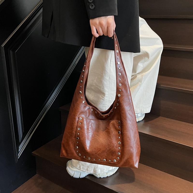 Женская ретро сумка-тоут с заклепками, однотонная, для поездок на работу, путешествий, шопинга, универсальная, большой вместимости, на плечо, CLE