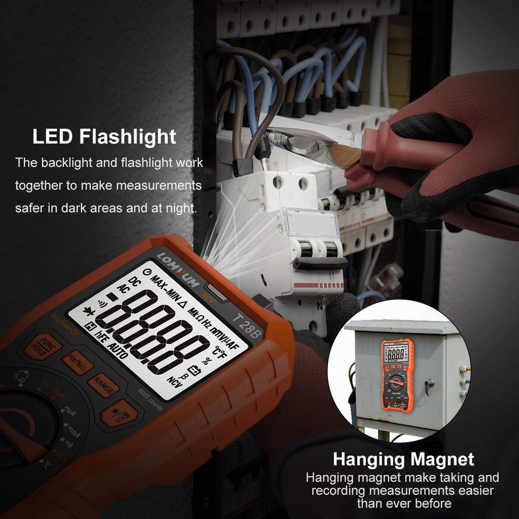 LOMVUM Digital 6000 Count Voltage Tester Meter with Backlight LCD and Flashlight Multimeter, Auto-Range Ohm, Volt, Ampere, Capacitance, Temperature,