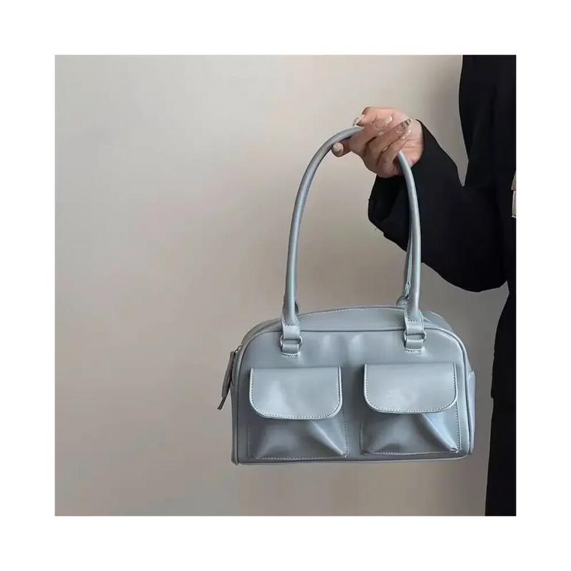 (Blue, 28x16x10cm) Vintage Women Business Shoulder Bags Simple Ladies Commute Tote Bag Pu Leather Female Underarm Large Handbags Purse