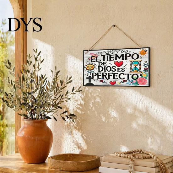 Handmade Wood Hanging Sign Spanish Religious Prayer Wall Ornament with Rose Cross Flower, Living Room Ornaments Wooden Decorative Pendant for Bedroom