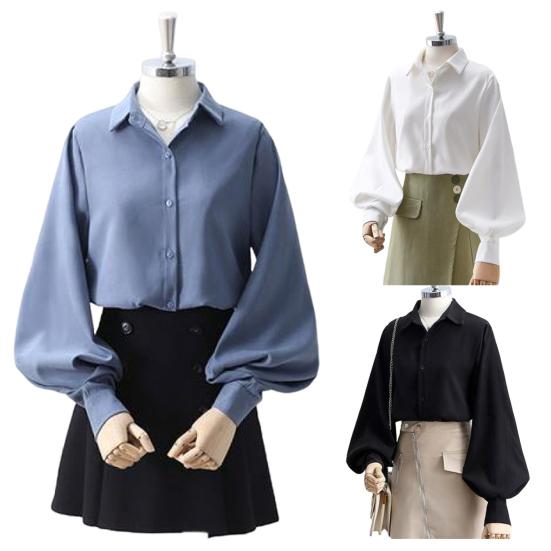 Women Shirt Lapel Lantern Long Sleeve Single Breasted Shirt Tops Solid Color Loose Fit Work Casual Daily Tops
