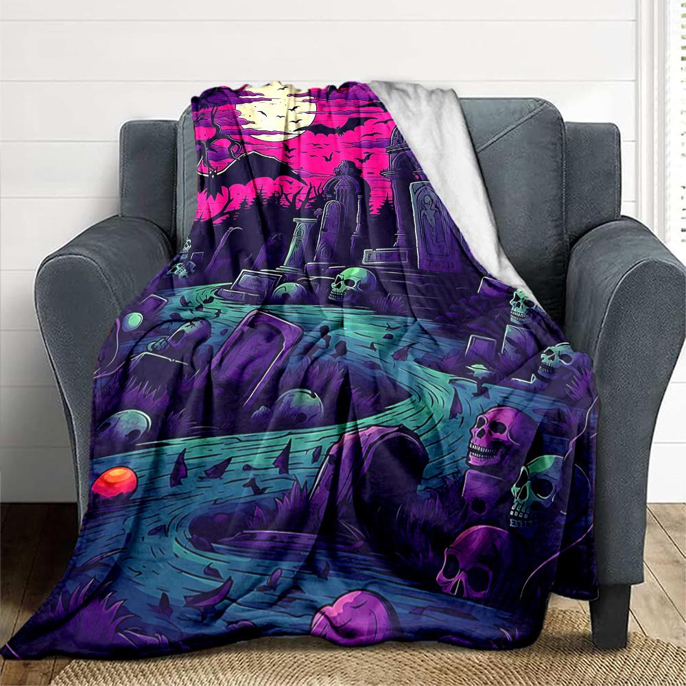 1pc Graveyard Moonlight Blanket, Lightweight Flannel Throw Blanket for Sofa, Bed, Travel, Camping, Living Room, Office, Couch049