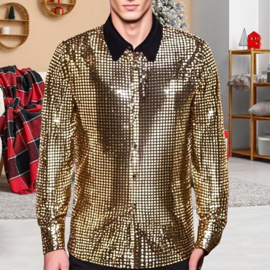 Мужская ретро рубашка с пайетками, блестящая застегивающаяся на пуговицы рубашка с длинным рукавом и лацканами, винтажная диско-рубашка для баров, ночных клубов, вечеринок