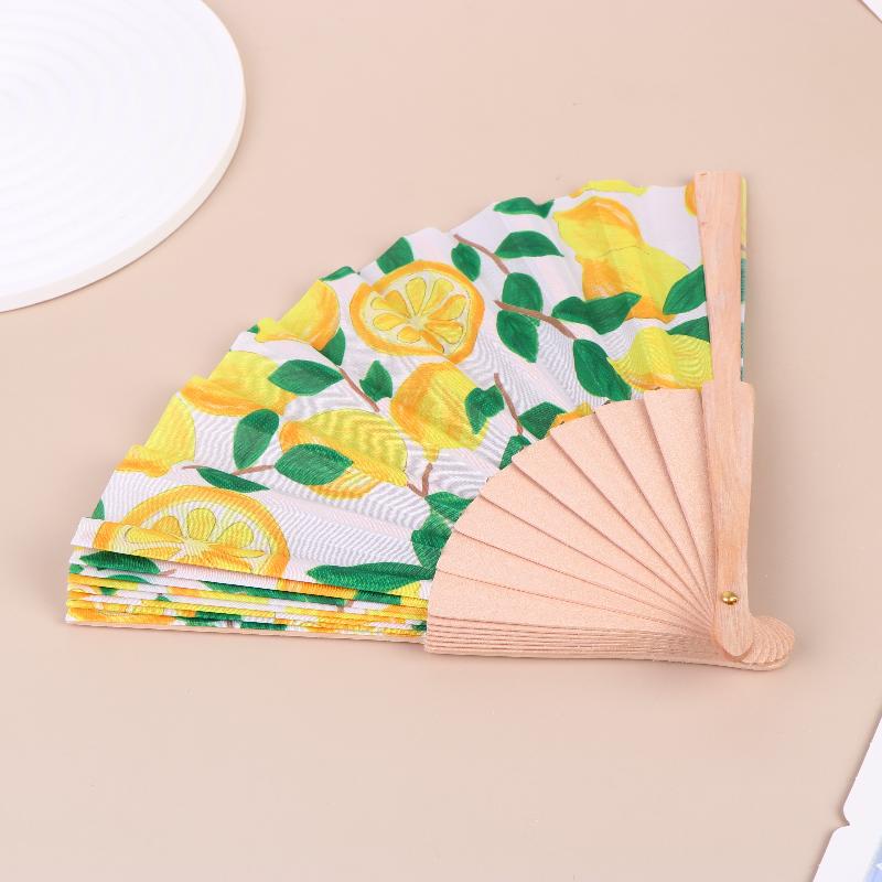 Lemon Print Folding Hand Fan-Bamboo Fabric Fruit Pattern Handheld Fan for Summer Cooling Wedding Party & Dance Performance Decor