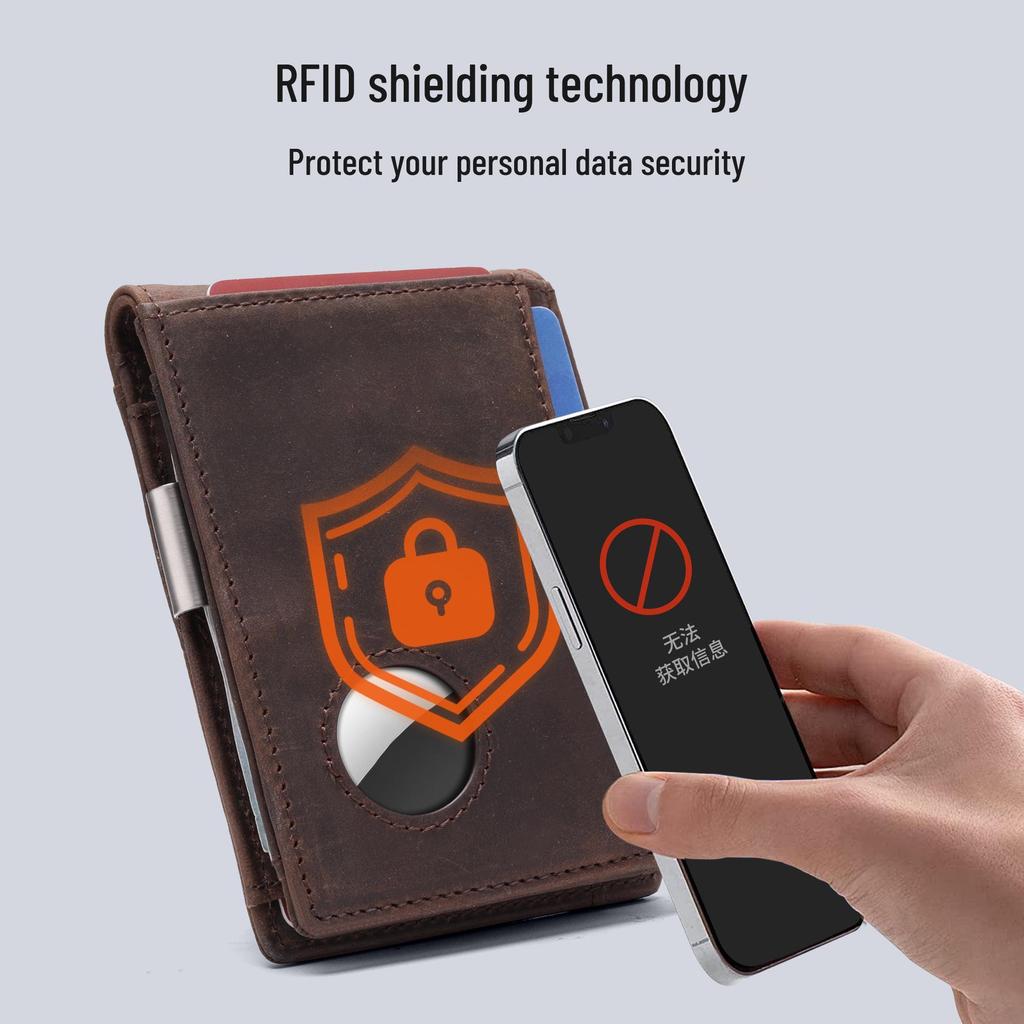 Crazy Horse Leather Men's RFID Wallet with AirTag Holder, Money Clip, Multi-Card Slots, and Anti-Theft Protection.