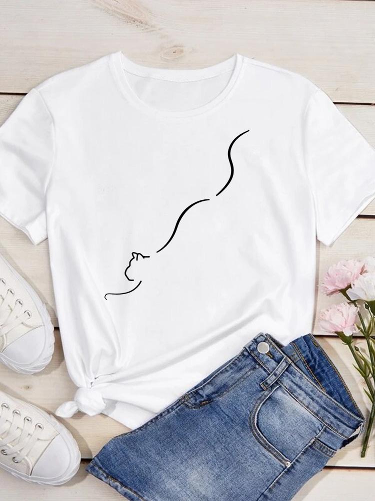 O Neck Tshirt Comfortable Cute Love Heart Cat Print Casual Short Sleeve Top Summer Women's Clothing Cartoon Streetwear