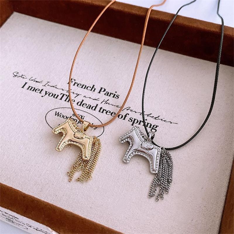 Titanium Steel Horse Pony Tassel Pendant Necklaces Women Mujer Adjusting Long Rope Sweater Chain Neck Accessories Gifts