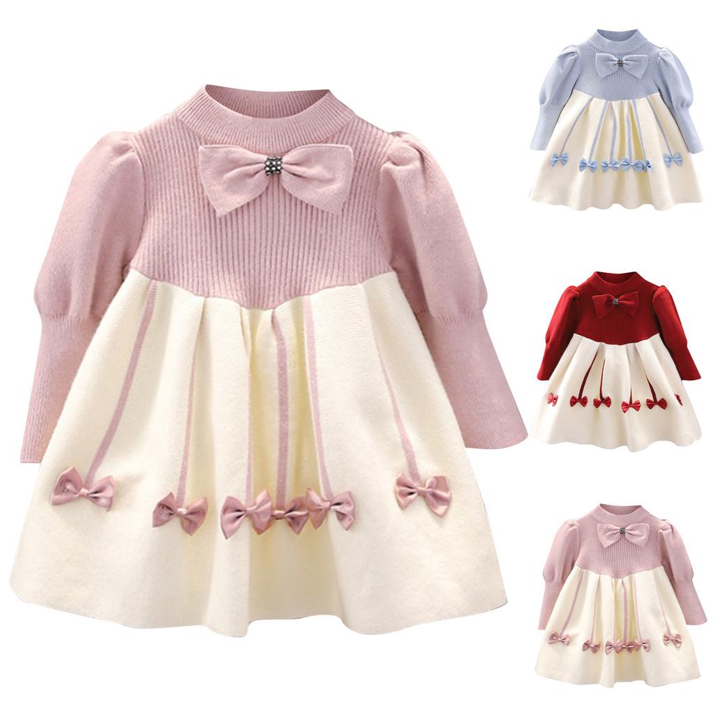 1 To 6T Kids Girls Floral Print Bowknot Dress Ribbed Round Necks Fall Dress Girls