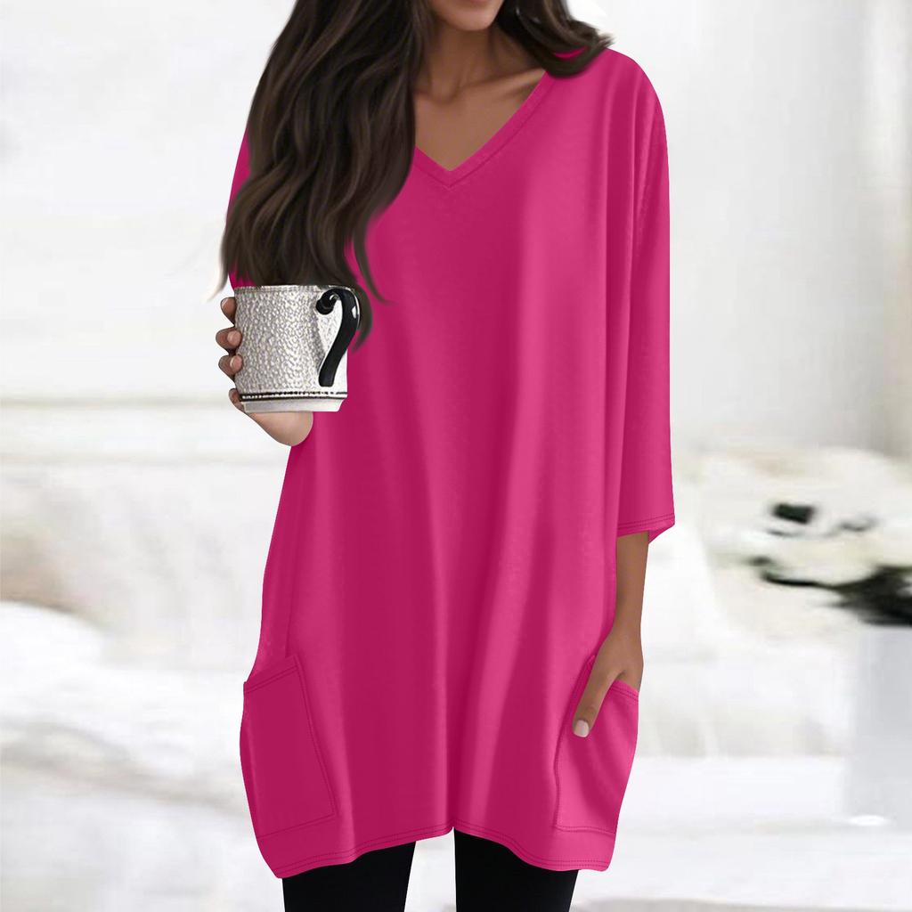 Womens Tops V-neck 3/4 Sleeve Blouses Casual Mid-length Shirts Fashion Print Tunic Tops With Pockets