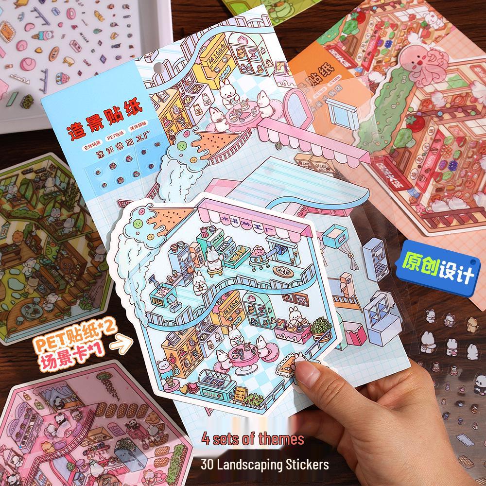 Korean Ancient Tea House Miniature Scenery Sticker - Cute DIY Cartoon