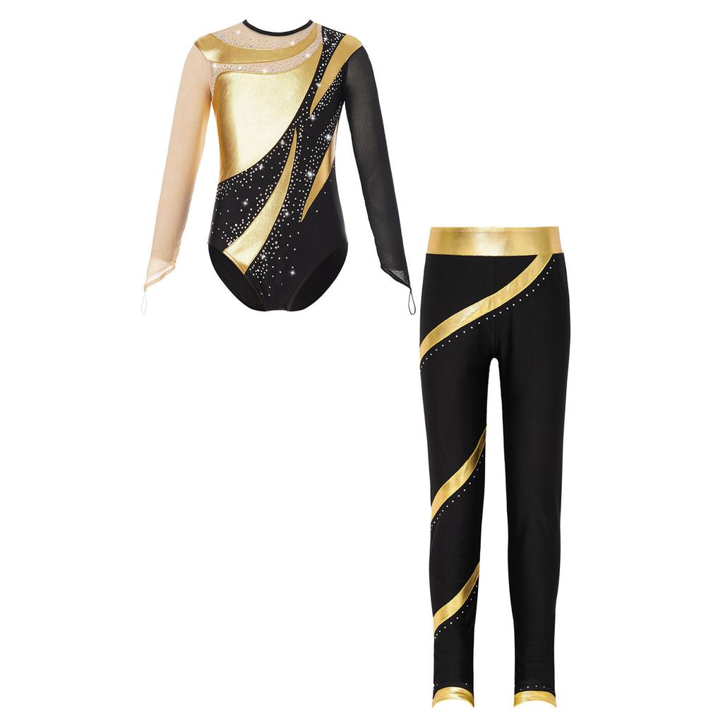 Girls Sparkle Rhinestone Performance Set Cutout Back Long Sleeve Leotard Elastic Waist Pants Dance Outfit