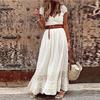 Summer Women Sexy V-Neck Short Sleeve Long Dress Fashion Elegant Embroidery Lace Party Dress Office Lady Slim Maxi Dress