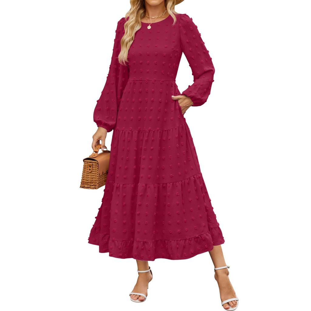 Women's Casual Round Neck Polka Dot Tiered Long Sleeve Ruffle Pocket Dresses