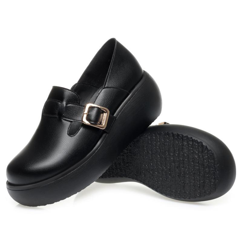 Spring Autumn New Fashion Casual Popular High Soft Bottom Leather Women's Round Toe Wedge Thick Sole Anti-slip Single Shoes