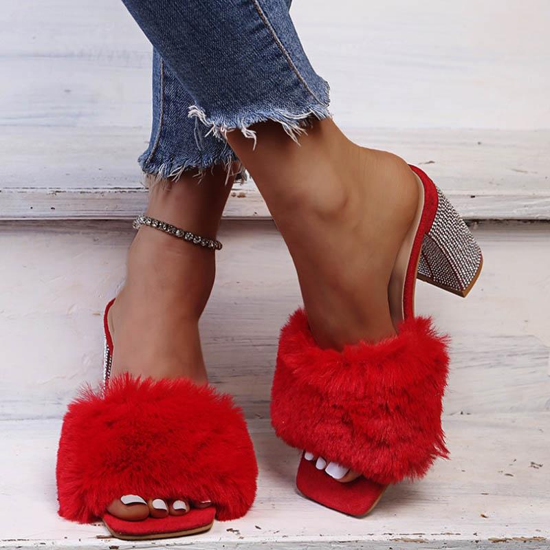 Thick Heel Pink Fuzzy Slippers for Women Silver Rhinestone High Heel Sandals Sexy Ladies Party Shoes