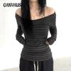 Women's Striped One-shoulder Long-sleeved Top Slouchy Wind Niche Hundreds of Light Cover-up Meat Thin T-shirt