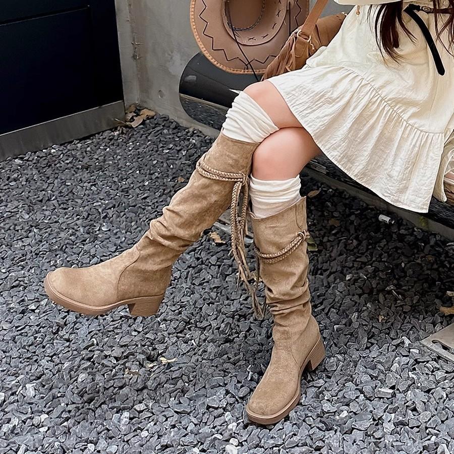 Версия из мягкой кожи~ ретро пустошь ветер бахрома рыцарские сапоги толстый каблук но сапоги до колена популярные сапоги-чулки средней высоты женские