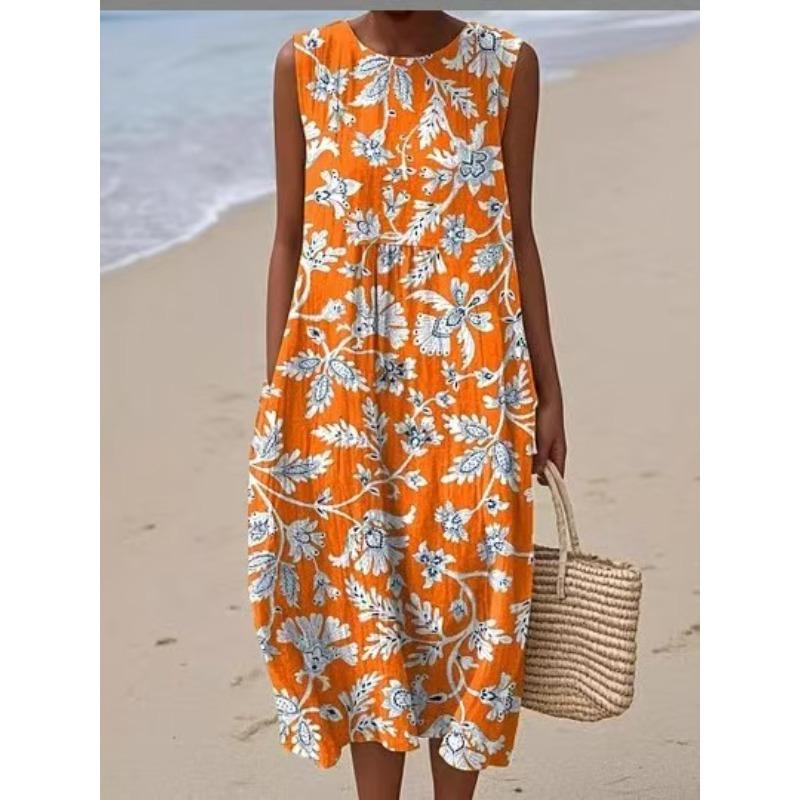 LYRIA 3D Print Roundneck Lightweight Dress Sleeveless Summer Beach Dress Casual Fashion A-Line Dress Women Elegant Floral Dresses