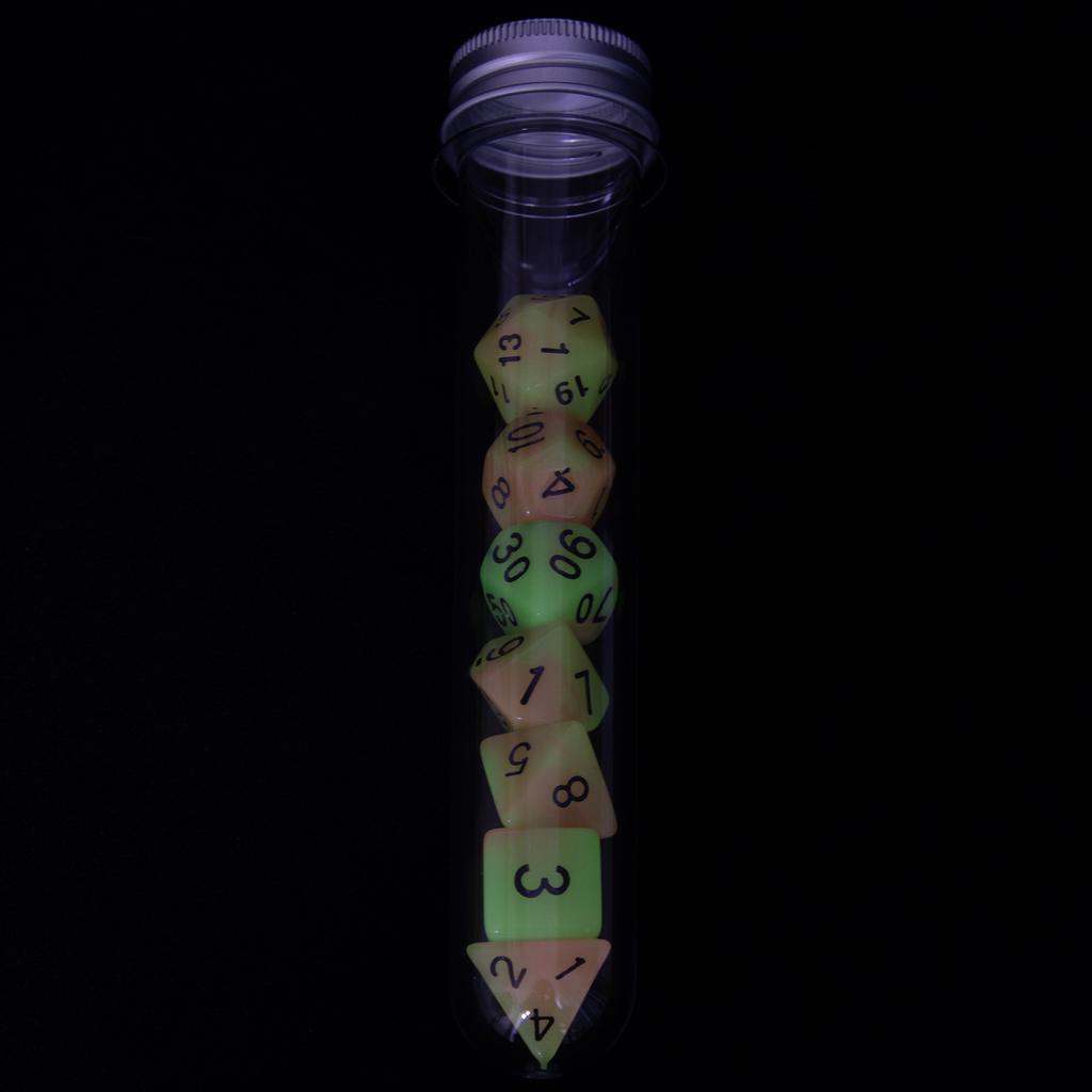 Светящиеся в темноте игральные кости DND Dice 7 шт. Набор многогранных игральных костей с трубкой для настольной игры DND RPG Аксессуары
