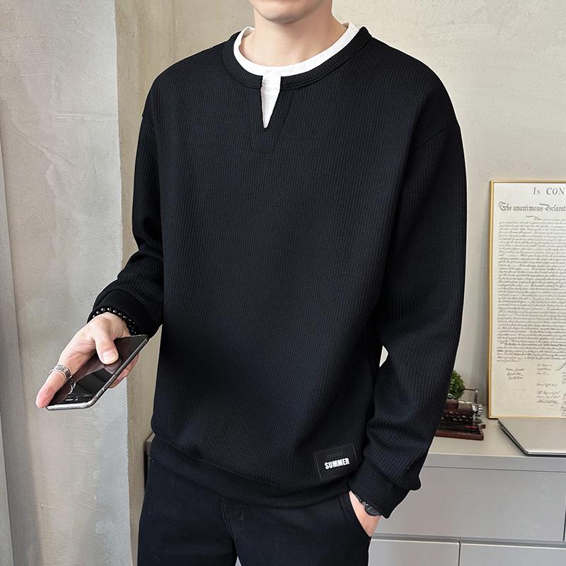 Men's Two-Piece Look Heavyweight Long Sleeve Hoodie 2025 Spring/Autumn Round Neck Base Shirt
