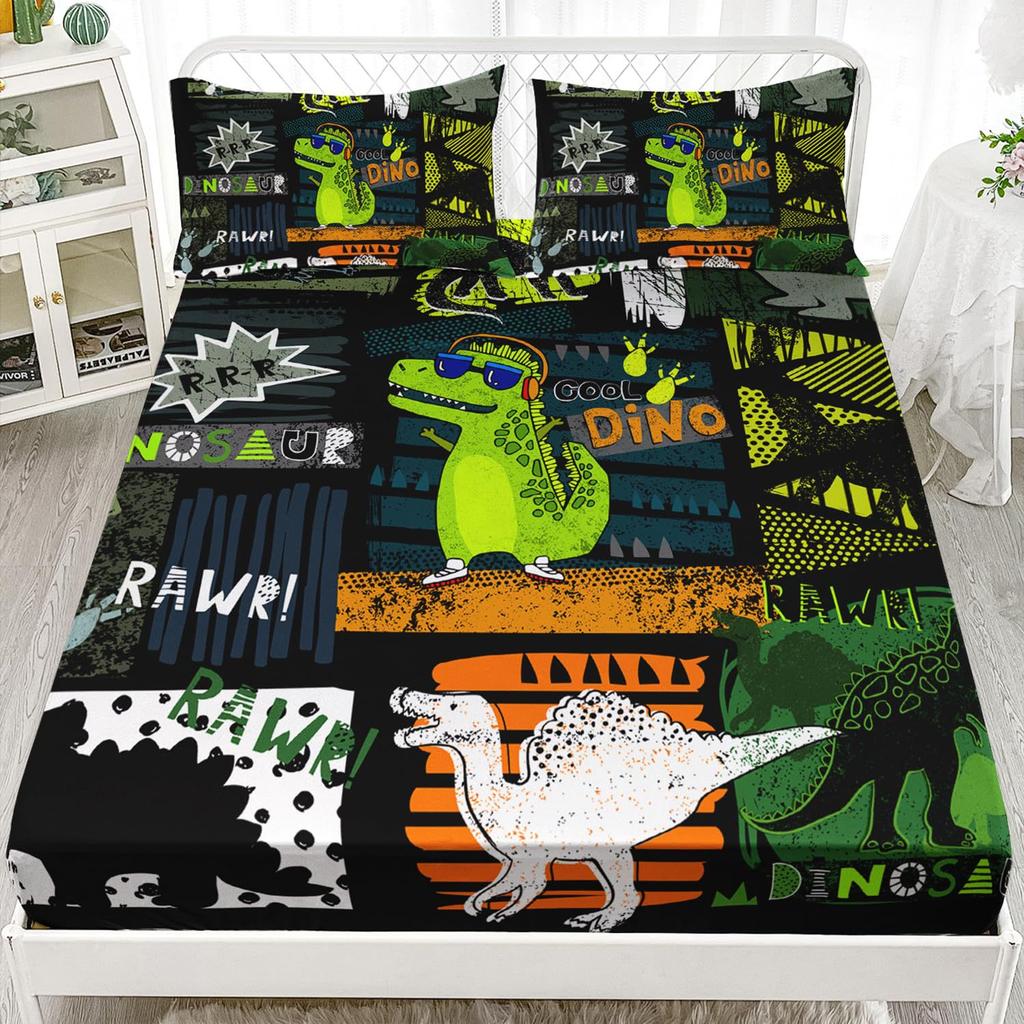 Многоцветный мультяшный узор с динозаврами, шапка на кровать из трех частей, цифровая печать, милый узор, постельный комплект