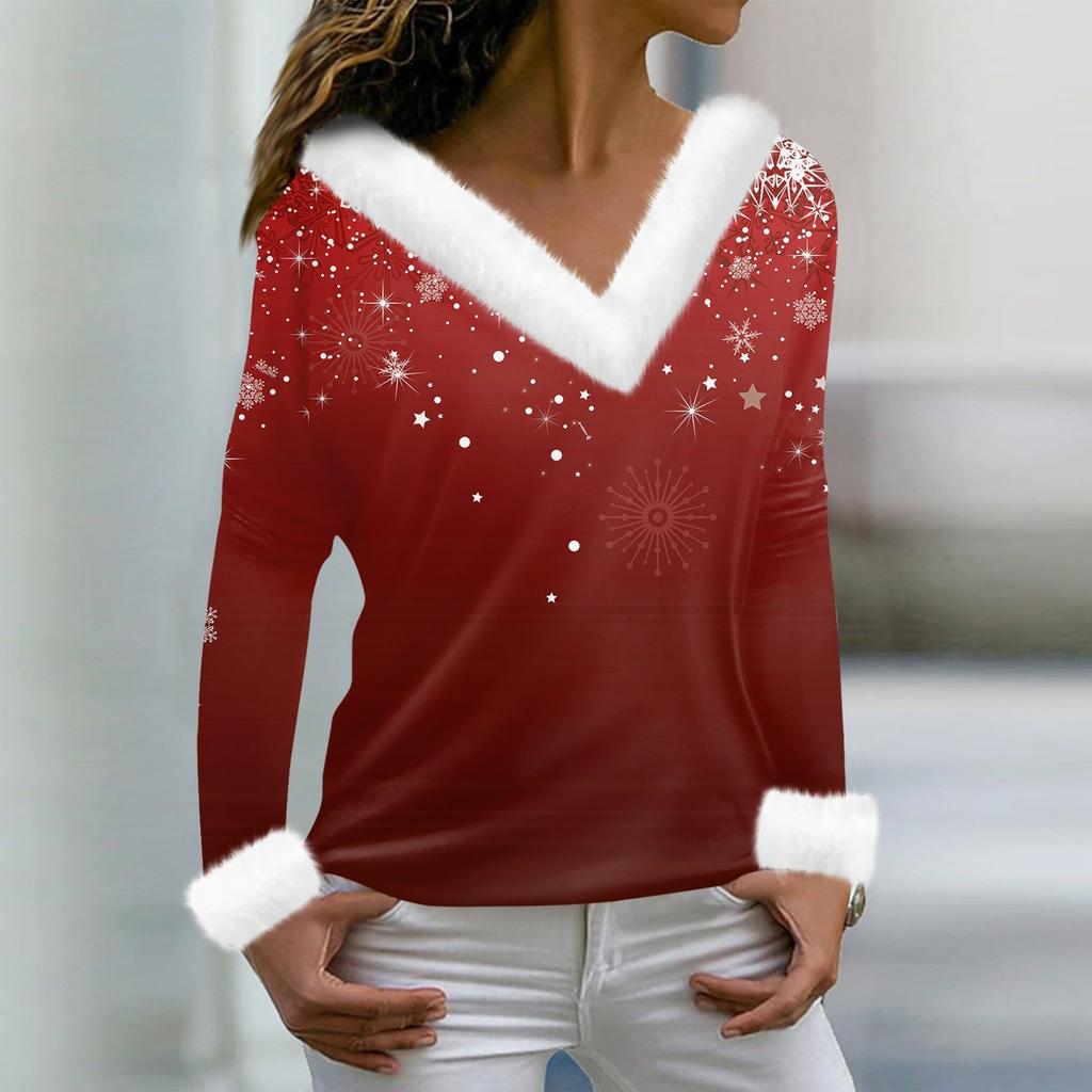 Women's Fashion Long Sleeve Christmas Printed Party Plush Neck V-Neck Top