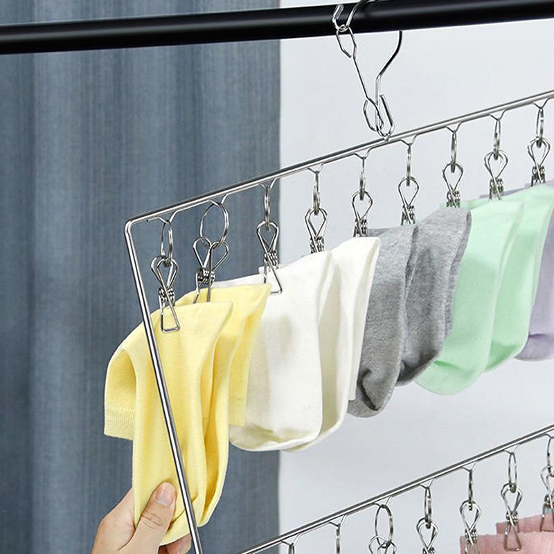 Stainless Steel Foldable Clothes Hanger Laundry Drying Rack With 20/30 Clips Save Space Closet Organizer For Socks Bras Towel