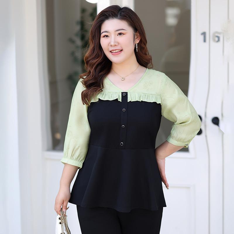 Модный женский топ для мам больших размеров на весну и лето с короткими рукавами в стиле пэчворк, рубашка с V-образным вырезом