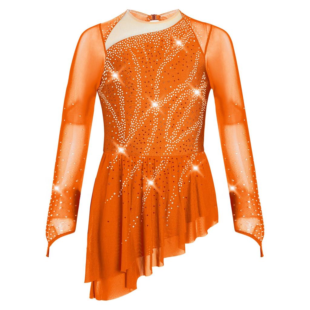 Girls Lyrical Dance Dress Sheer Mesh Long Sleeves Cutout Back Design with Sparkly Rhinestones Asymmetric Hem Skirt