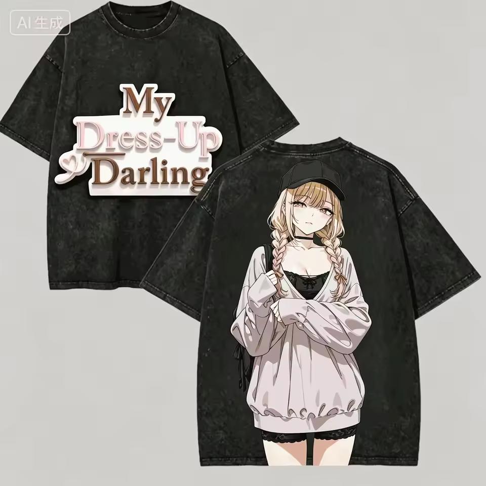 My Dress-Up Darling Marin Double Sided 3D Print Vintage Washed Anime T shirt Unisex Loose Y2K Streetwear Women And Men T shirt