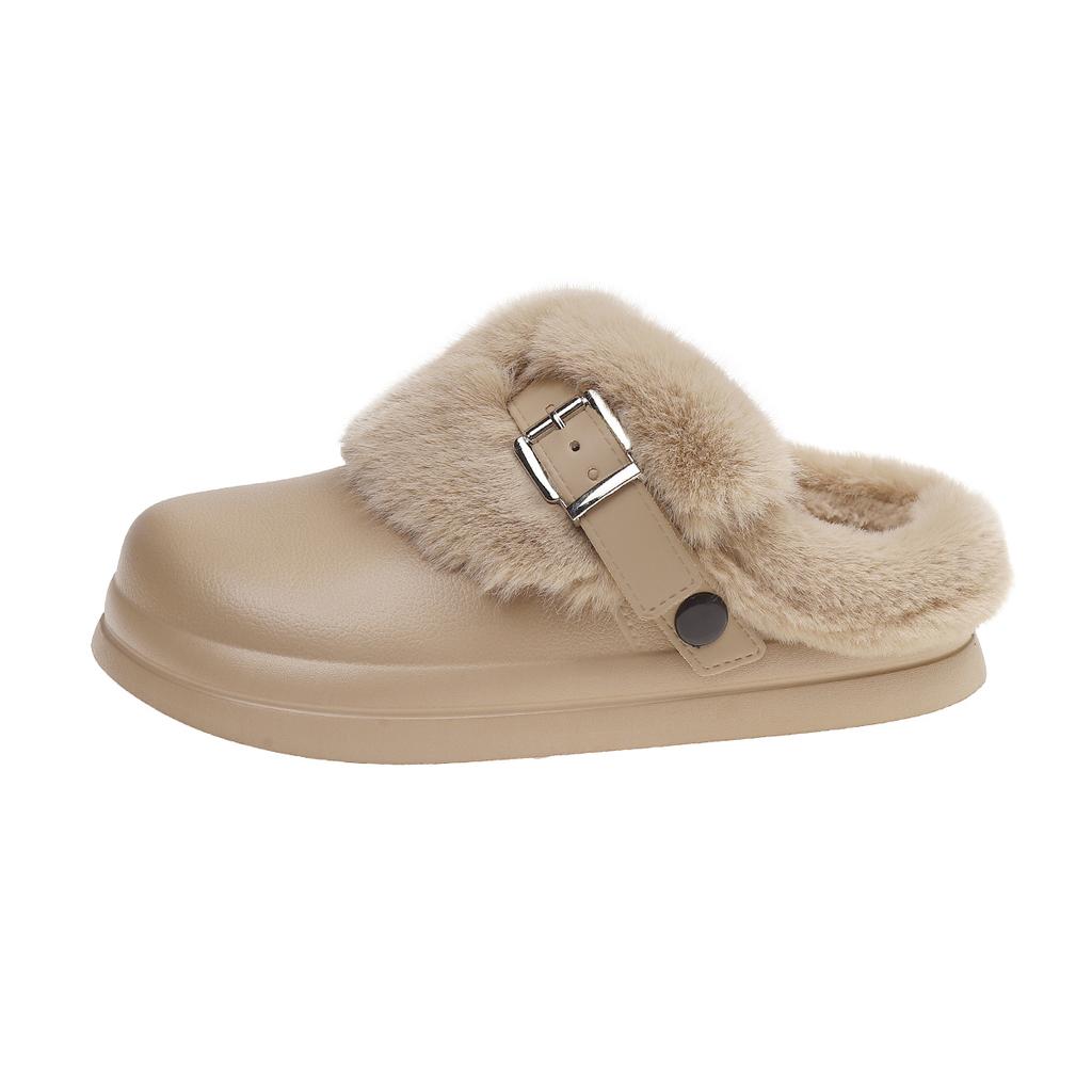 Модные зимние хлопковые мопсы Модные круглый носок Глубокий вырез Металлическая пряжка Плюшевые теплые Нескользящие балетки