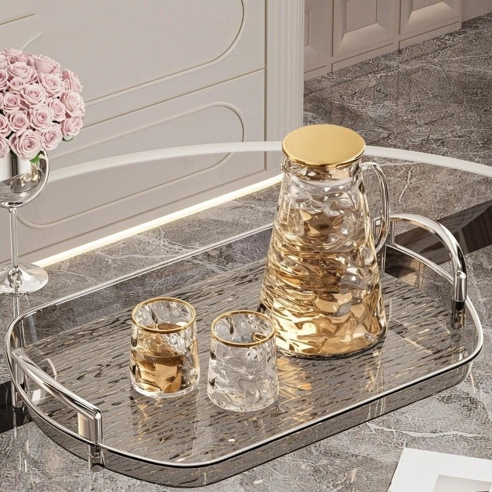 Transparent Clear Luxury Tray Gold Rim Dining Tea Serving Platter Decorative Tray Home Decor