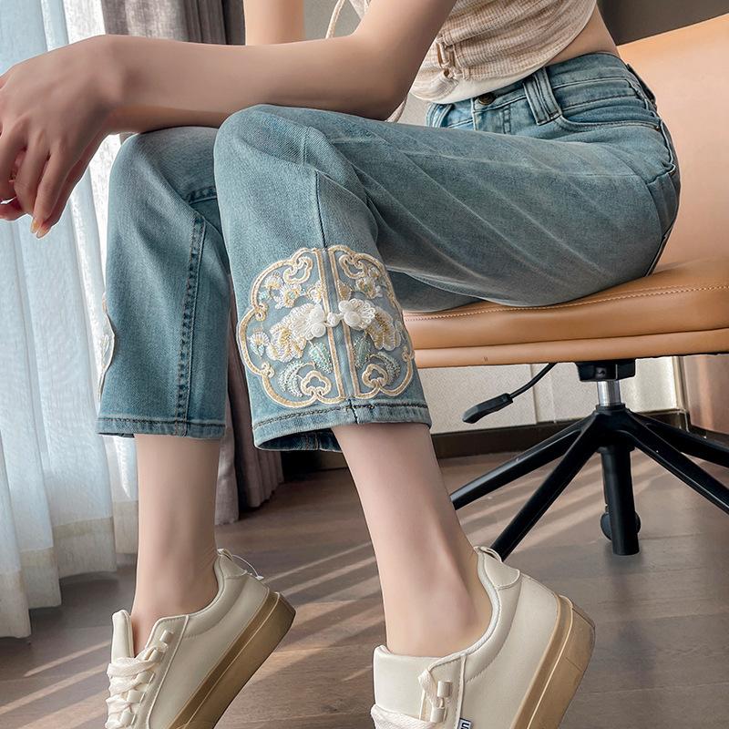 Китайский стиль Китайские джинсы для женщин Летом Новые С высокой талией Маленький дизайн Вышитые Девятиточечные Прямые брюки