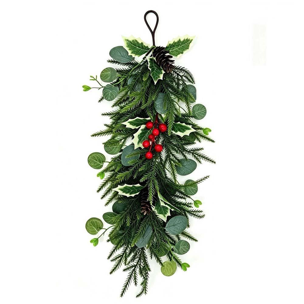 Red Berries Christmas Door Swag Poinsettia Blossoms Teardrop Shape Holiday Hanging Ornaments Durable Quality Vibrant Colors