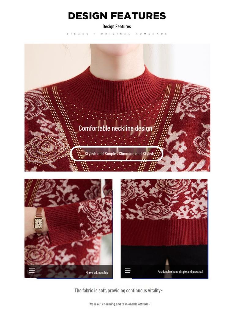 Chic Autumn/Winter Velvet-Lined Half-High Collar Warm Sweater for Stylish Middle-Aged & Elderly Women