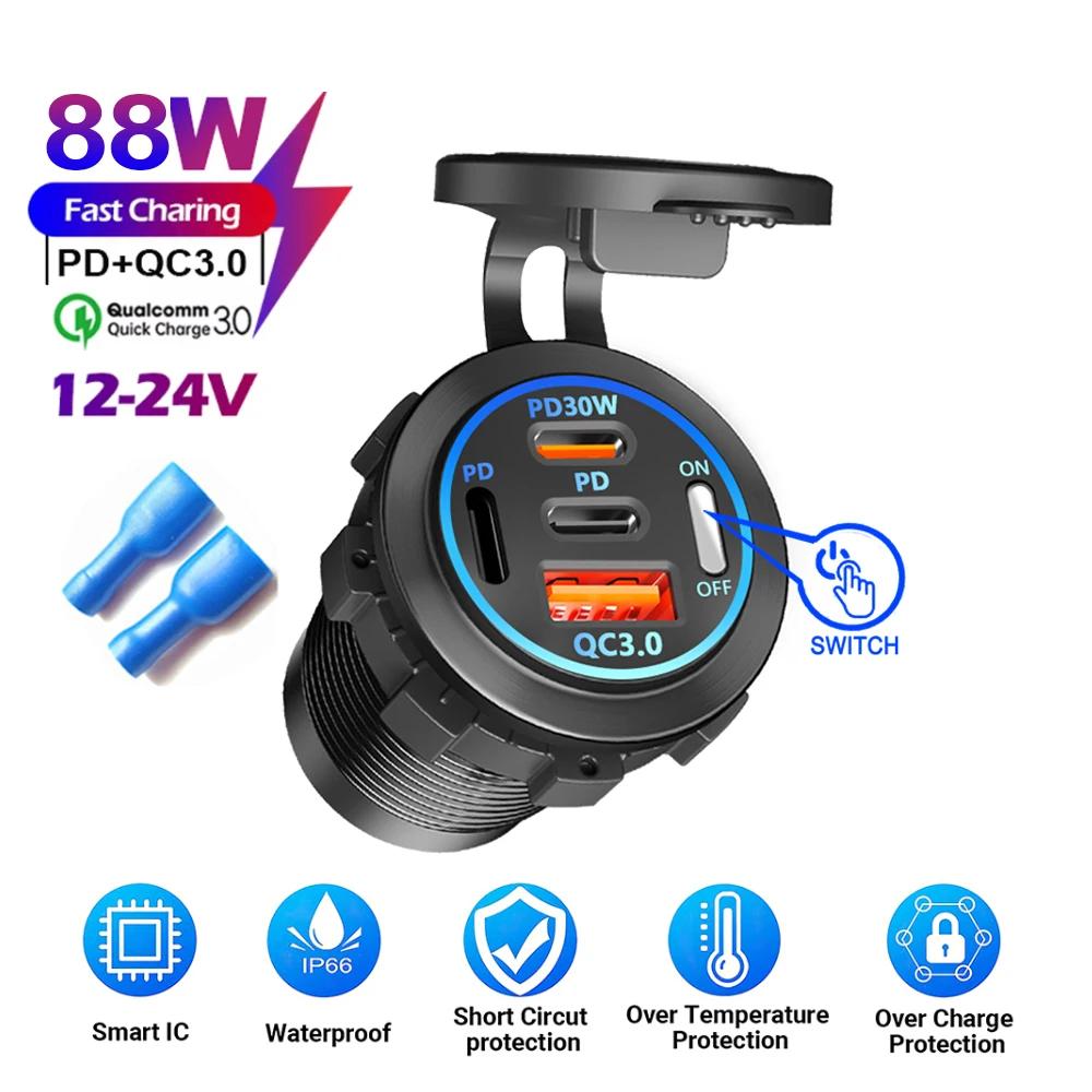 Гнездо автомобильного зарядного устройства PD3.0 и QC3.0 Двойные порты USB C Водонепроницаемый со светодиодным сенсорным переключателем 78 Вт Быстрая зарядка 12 В/24 В Для автомобиля Автобуса Грузовика Дома на колесах Мотоцикла Адаптер