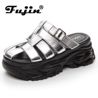 Fujin/7 см новые плетеные кожаные сандалии из микрофибры высокого бренда, удобные женские сандалии на танкетке с полой платформой, модная дышащая женская летняя обувь