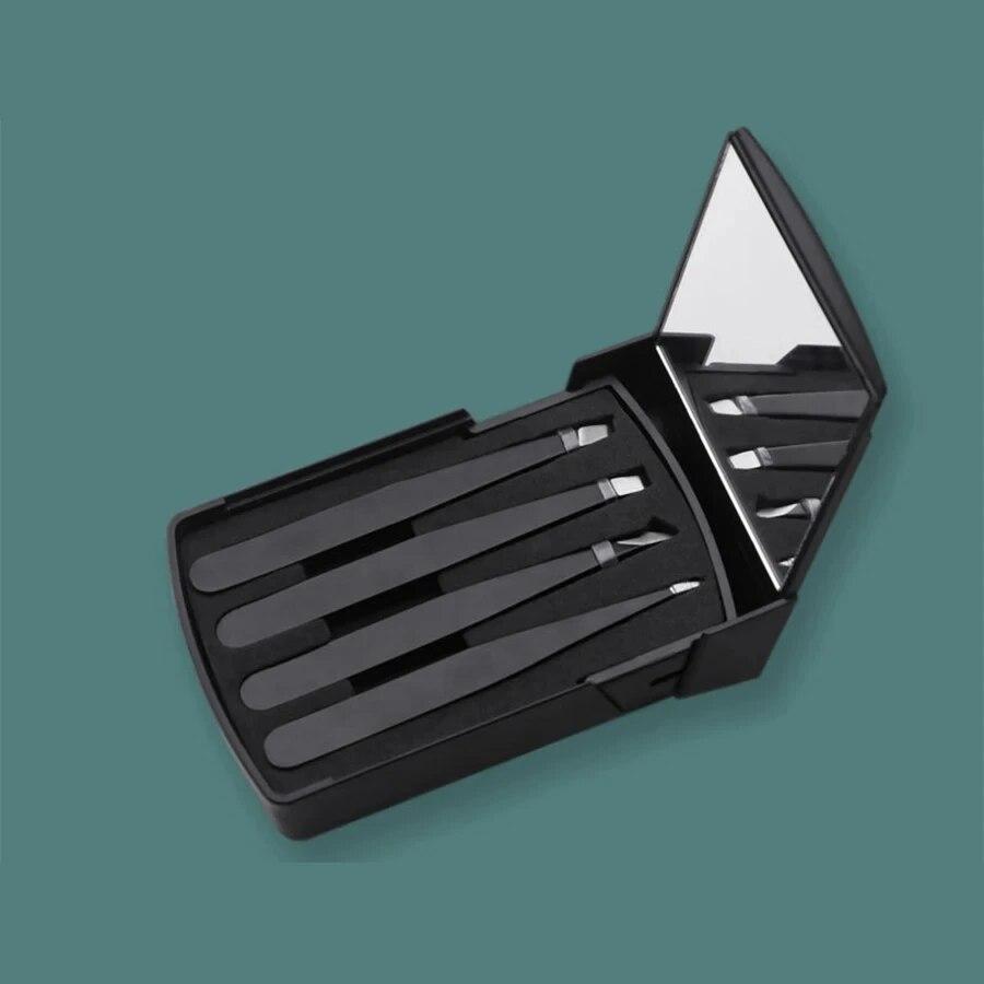 4 шт., пинцет для бровей, инструмент из нержавеющей стали, зажим для бровей, ящик для инструментов для красоты с зеркалом, набор для обрезки бровей