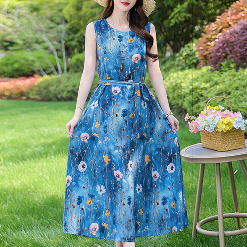 Повседневные летние платья для женщин, винтажная одежда, свободное без рукавов, большие размеры, элегантное длинное платье с поясом