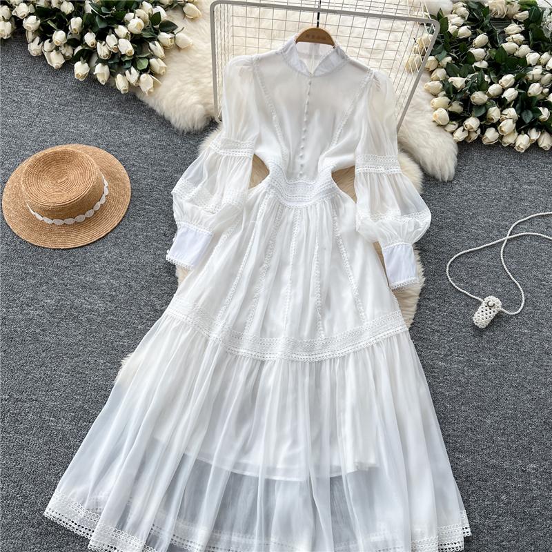 New Heavy Craft Lace Embroidery Hollow Out Party Evening Long Dress Women's Stand High Waist Lantern Sleeve Dresses Holiday