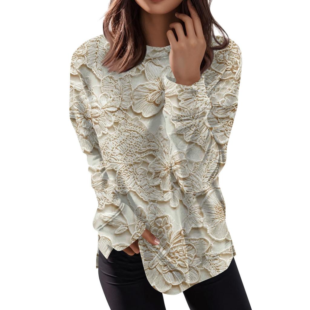 Women's Fashion Casual Long Sleeve Floral Textured Print Round Neck Top