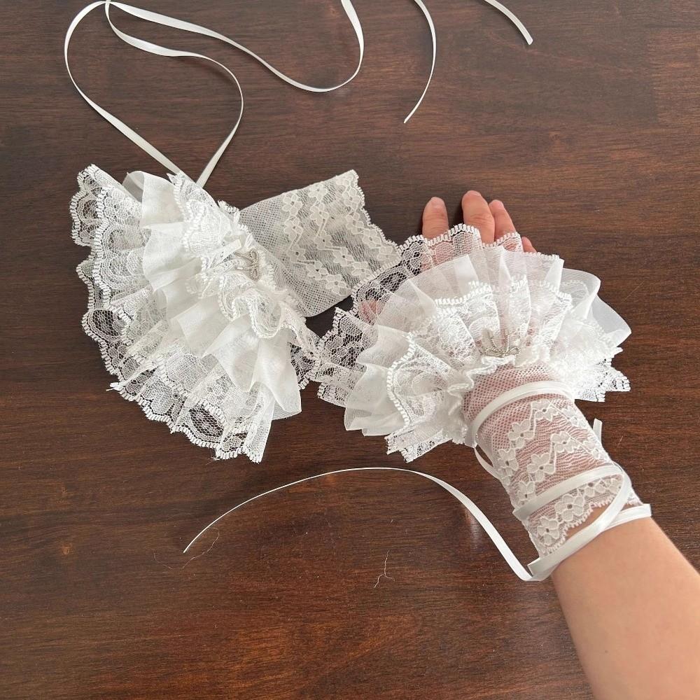 Flare Style Lace Wrist Cuffs Silk Ribbon Flare Cuffs Vintage Ruffles Gloves Girl