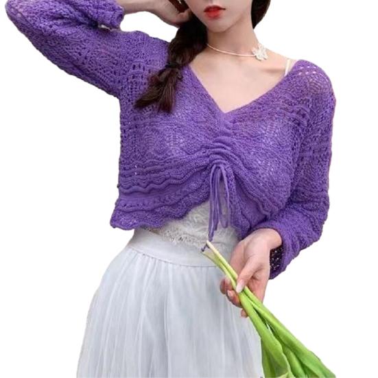 Women Cover Up Tops V-Neck Drawstring Design Long Sleeve Pullover Tops Solid Color Loose Fit Hollow Design Sunscreen Cover Up