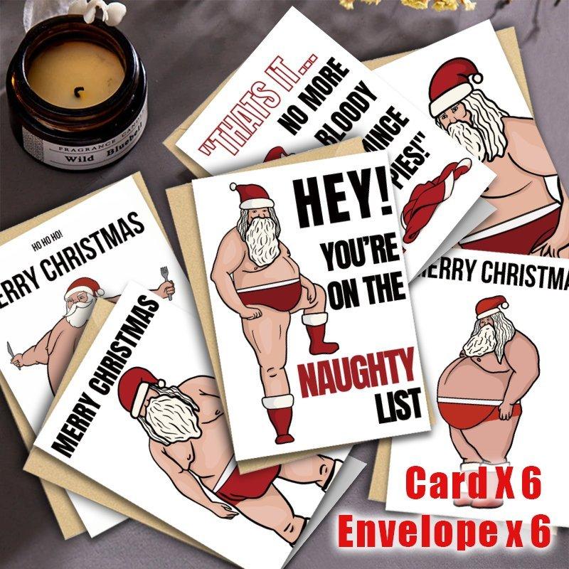 12pcs Funny Santa Claus Christmas Cards with Envelopes - Naughty Santa In Red Swim Trunks, Birthday Boy/Merry Christmas Quotes