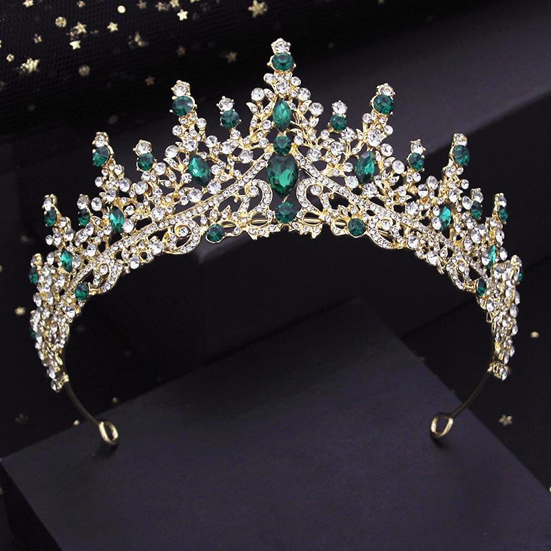 Green Crystal Wedding Crown for Queen Bridal Headdress Fashion Tiaras Hairwear Girls Prom Head Ornaments Jewelry