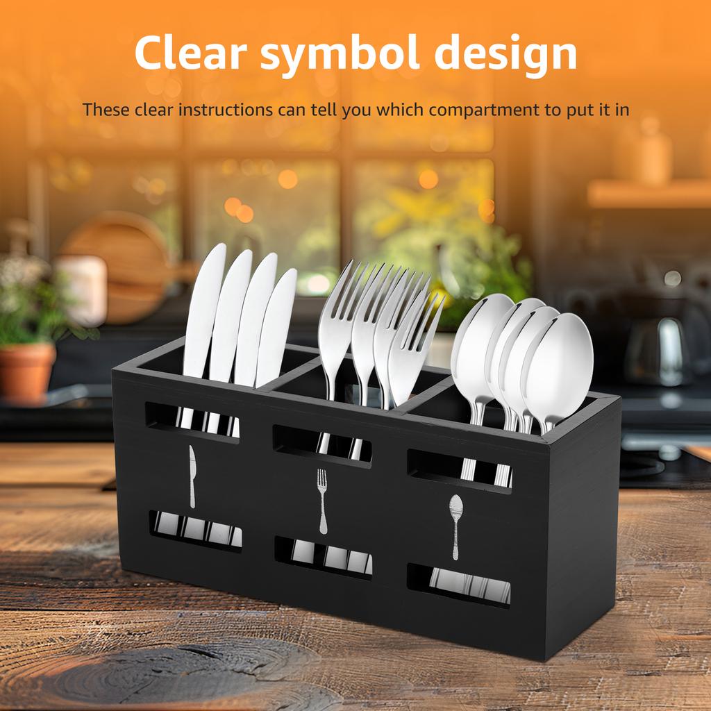 Silverware Caddy Wood Utensil Caddy with 3 Compartments Large Capacity Kitchen Flatware Utensil Holder for Forks Spoons Cutters