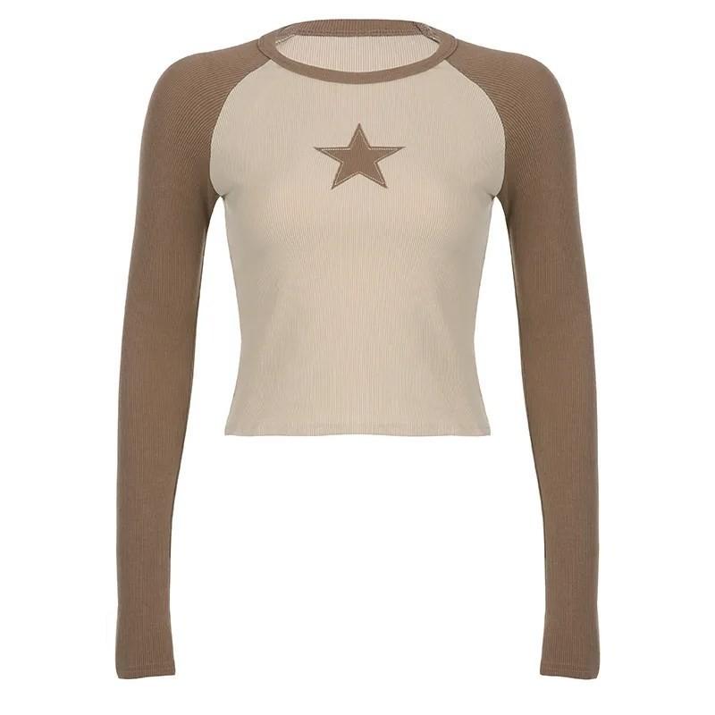 Y2K звезда наклейка уличная пикантная девушка личность топ контрастный цвет круглый вырез с длинными рукавами женская футболка