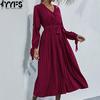 Women's Fashion Spring Fall Solid Color Print Long Sleeve V-Neck Casual Dresses
